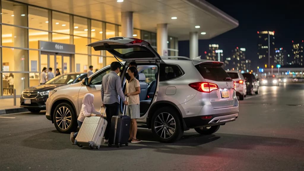 Keluarga menata koper ke mobil di area drop-off Bandara Soekarno-Hatta